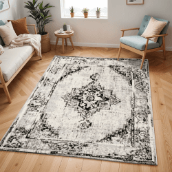 Livabliss Stowe Vintage Teppich groß - Orientalischer Teppich Wohnzimmer 150x213 cm, Esszimmer, Schlafzimmer - Boho Teppich, Kurzflor Teppich für einfache Pflege - Muster Teppich in Elfenbein, Schwarz