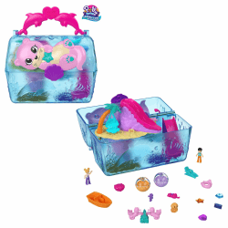 Polly Pocket Glitzerbucht Abenteuer Insel Schatztruhe - Spielset mit 2 Puppen, löslichen Perlen und Zubehör, inklusive Muschelschaukel und Wasserattraktionen, für Kinder ab 4 Jahren, HPV40