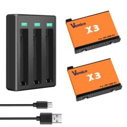 Vemico 360 X3 Akku Ladegerät Set 2 X 1800mAh Akkus 3 Kanal LED X3 Ladegerät Typ-C mit und Micro-USB Ladeschnittstelle für 360 One X3 Kamera (Achtung: Nicht wasserdicht