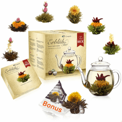 Creano Teeblumen Geschenkset - Erblühtee mit 500ml Glaskanne & 6x weißer, schwarzer, grüner Tee + Teelini Schwarztee Bonuskugel - 8 teilig