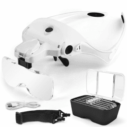AUTOPkio Lupenbrille mit Licht LED Kopfbandlupe USB Charge, verstellbare Hände Headset Lupe mit 2 LED Licht Leichte Stirnband Lupe Gläser für Reparieren, 5 Linsen 1.0X, 1.5X, 2.0X, 2.5X, 3.5X