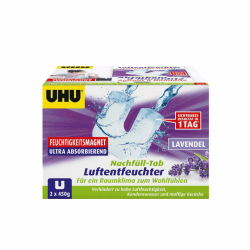UHU Feuchtigkeitsmagnet Nachfülltab, Innovative Nachfülleinheit für handelsübliche Luftentfeuchter bekämpft Feuchtigkeit und Schimmel in Wohnräumen jetzt noch effektiver, 2 x 450 g, mit Lavendelduft