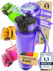 Funkelfuchs®- Trinkflasche für Kinder – 500ml, Lila – Kohlensäure geeignet - 100% auslaufsicher - Wasserflasche spülmaschinenfest - für Kindergarten, Einschulung, Schule, Sport