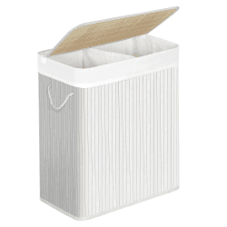 SONGMICS Wäschekorb mit Deckel, Wäschekorb aus Bambus, 2 Sortierfächer, abnehmbarer Beutel, Griffe aus Baumwolle, Volumen 100 l, für Waschküche, Schlafzimmer, Weiß LCB64WT