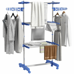 HOMCOM Wäschetrockner Turm Wäscheständer mit Rollen, 3 Ebenen, Klappbarer Standtrockner mit Seitenflügel, Wäscheturm für Indoor, Outdoor, Stahl Blau 80/142 x 55 x 152 cm