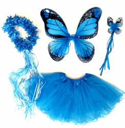 Tante Tina Schmetterling Kostüm Mädchen - 4-teiliges Mädchen Kostüm Schmetterling mit Tüllrock, Flügel, Zauberstab und Haarreif - Monarchfalter Blau - geeignet für Kinder von 2 bis 8 Jahren Monarch-blau