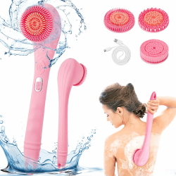 CestMall Elektrische Körperbürste Badebürste Rückenbürste mit 3 Reinigungsköpfe langen Griff 2 Geschwindigkeiten wasserdichtes Baderückenpinsel Reinigungsbürste für Dusche Peeling Massagebürste