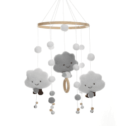 Mobile Baby Windspiele, Puppe , Holz mit Filzbällen 3D Wolken, Bettglocke Anhänger für Babybett Jungen und Mädchen (Grau)