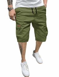 TARAINYA Cargo Kurze Hosen Herren Baumwolle Sommer Chino Shorts Hose Herren Tunnelzug Elastische Taille mit 6 Taschen M C Grün