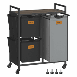 VASAGLE Wäschekorb 3 Fächer, Wäschesammler 100 L, Wäschesortierer, Rollen, Wäschewagen mit Ablage, Wäschesack, kleine seitliche Taschen, 6 Etiketten, kastanienbraun-tintenschwarz-taubengrau BLH202B01
