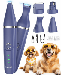 oneisall 4in1 Leise Schermaschine Hund Katze, Wiederaufladbar Hundeschermaschine&Pfotentrimmer&Krallenschleifer mit 4 Multifunktions-Schneidköpfen für Körper, Pfoten, Augen, Ohren, Gesicht (Lila)