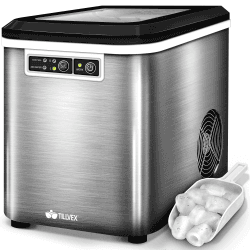 tillvex Eiswürfelmaschine Edelstahl 12 kg - 24 h | Eiswürfelbereiter 2,2 Liter Wassertank | Ice-Maker LED-Display & Selbstreinigungsfunktion | 2 Eiswürfel Größen (Silber)