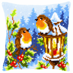 Vervaco Rotkehlchen mit Lampe Kreuzstichkissen/Stickkissen inklusive Material, Baumwolle, Mehrfarbig, 40 x 40 x 0.3 cm