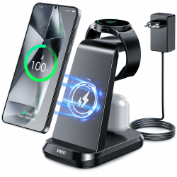 SWIO 3 in 1 Induktive Ladestation kompatibel mit Samsung Watch und Handy,Wireless Charger für Galaxy Watch 7/Ultra/6/5/4/3,Galaxy S25 S24 S23 S22 S21/Note 20 10/Z Fold 4 3(Nicht für Z Flip&A Serie)