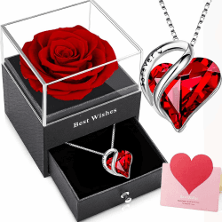 Ewige Rose mit Kette Damen Silber 925,Infinity Rose mit Rubin Geburtsstein kette,Konservierte Rose Geschenkbox,Rote Kristall Herz Halskette,Frauen Weißgold Anhänger am Valentinstag Weihnacht Muttertag