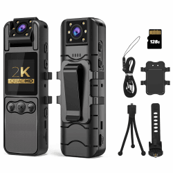 2K 128 GB 1,4-Zoll-Bildschirm-Körperkamera mit Audio und automatischer Video-Nachtsicht 1440P UHD Mini-Polizei-Körperkamera Tragbarer Kleiner persönlicher Camcorder Sport-Action-Outdoor-Videorecorder