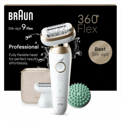 Braun Silk-épil 9 Flex, Epilierer mit flexiblem 360°-Kopf, Wet und Dry, langanhaltende Haarentfernung, mit Rasieraufsatz, Trimmeraufsatz und Massageaufsatz, Made in Germany, 9-071 3D, Weiß oder Gold