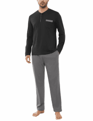 Irdcomps Schlafanzug Herren Lang Pyjama Winter Baumwolle Nachtwäsche Set Männer mit Knöpfen L Schwarz