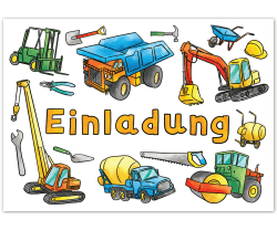 PICTALOO Einladungskarten Baustelle Kindergeburtstag 12er Set - Geburtstagseinladungen für Mädchen und Jungen bis 10 Jahre – Einladung Karte mit Bagger, LKW und Kran für Geburtstag Party
