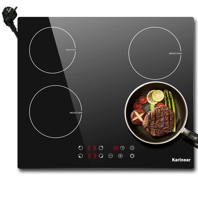 Karinear Induktionskochfeld 60 cm mit Stecker, Autarkes 4 Platten Einbau Touch-Bedienung, 9 Heizstufen, 1-99Min Timer, Kindersicherung, Automatische Abschaltung, 3500W, 220-240V