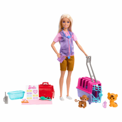 BARBIE Tierrettungsspielset - Barbie-Puppe mit Tiger und Äffchen, Transportbox mit funktionierender Tür und Griff, Zubehör für Geschichtenerzählen, abenteuerlicher Rollenspielspaß, HRG50