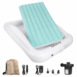 Kinder Luftbett Luftbett für Kinder mit Elektropumpe Rausfallschutz, Abnehmbar 2 in 1 Kinderreisebett Matratze, Aufblasbares Kinderbett mit Tragetasche für Reisen, Camping, 157 x 96 x 30 cm