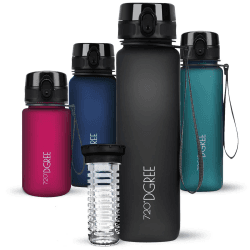 720°DGREE Trinkflasche 1l “uberBottle“ softTouch +Früchtebehälter - BPA-Frei - Schlanke Wasserflasche für Sport, Fitness, Fahrrad, Uni, Outdoor - Tritan Sportflasche Leicht, Stoßfest, Wiederverwendbar 1000 ml 25 Onyx Black - Schwarz | Softtouch