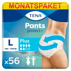 TENA Pants Plus - 56 Pants im Monatspaket (4 x 14 Stück) - Einweghosen für Frauen und Männer - atmungsaktive Unisex Inkontinenzslips - bei Blasenschwäche und Harninkontinenz - Weiß, Größe L