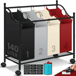 KESSER® Wäschekorb Wäschesammler Wäschesortierer mit 4 abnehmbaren Stofftaschen | 4 Fächer x 35 Liter | Wäschebox mit 12 Waschhinweisen 360° Rollen mit Bremse Wäsche-Sortiersystem Wäschewagen Bunt