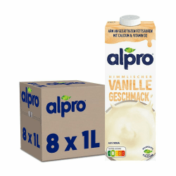 Alpro Drink auf Sojabasis mit Vanillegeschmack – Vegan und milchfrei – Von Natur aus laktosefrei – Reich an pflanzlichem Protein und von Natur aus fettarm – 8 x 1 L – Haltbar