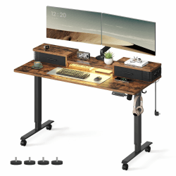 VASAGLE Höhenverstellbarer Schreibtisch elektrisch, 60 x 140 x (72-120) cm, stufenlos verstellbar, mit Monitorständer, Steckdosenleiste, Haken, Memory-Funktion, vintagebraun LSD184X01