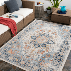 Livabliss Outdoor Teppich wetterfest, Safi - In und Outdoor Teppich für Balkon 160x213 cm, Terrasse, Garten, Küche - Outdoor Teppich Boho Style, Teppich für draußen - Teppich Blau, Rost, Beige