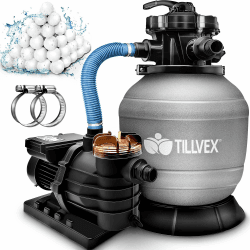 tillvex Sandfilteranlage Pool 10 m³/h inkl. 800g Filterbälle | Filteranlage 7-Wege Ventil & 2in1 Adapter Ø32mm - 38mm | Poolfilter mit Druckanzeige | Sandfilter für Schwimmbecken (Grau)