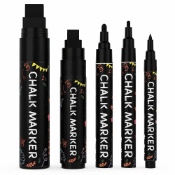 Chalkola Kreidestifte - Schwarz- 5 Kreide Markers Multipack - 1mm, 3mm, 6mm, 10mm, 15mm Spitze. Kreidestifte für Fenster, Tafel, Glas und mehr. Ideal für Erwachsene, Künstler, Lehrer und Kinder.