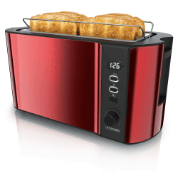 Arendo - Edelstahl Toaster Langschlitz 4 Scheiben - Defrost Funktion - wärmeisolierendes Gehäuse - mit integrierten Brötchenaufsatz - 1500W - Krümelschublade - Display mit Restzeitanzeige - Karminrot
