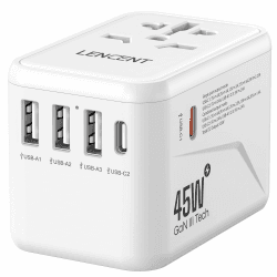 LENCENT Universal Reiseadapter, GaN III 45W Internationales Ladegerät mit 3 USB & 2 USB-C PD Schnellladung Anschlüssen, Weltweiter Ladeadapter für Typ A/C/G/I, USA/UK/EU/AUS Steckdosen, Weiß