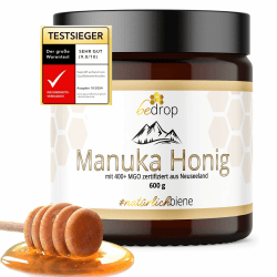 bedrop Manuka Honig mit MGO 400+ 600g XXL Glas | 100% echter Premium Manukahonig aus Neuseeland mit zertifiziertem Methylglyoxal Gehalt (Analyse-Zertifikat)