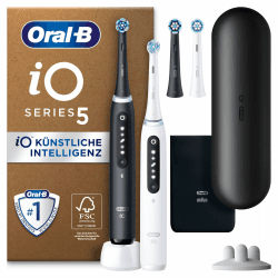 Oral-B iO Series 5 Plus Edition Elektrische Zahnbürste/Electric Toothbrush, Doppelpack PLUS 2 Aufsteckbürsten + Magnet-Etui, 5 Putzmodi, Designed by Braun, Matt Black/Quite White