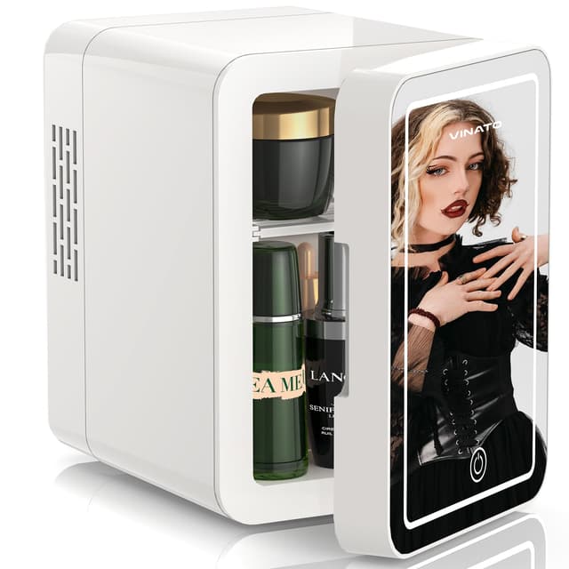 VINATO Mini Kühlschrank, Skincare mit LED-Spiegel, Kleiner Kühlschrank, 4L, Tragbar, Thermoelektrisch, Heizung & Kühler, 220 V AC/12 V DC, für Auto, Büro, Outdoor