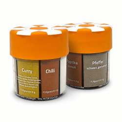 6 in 1 Gewürzstreuer von ration1, 2er Pack, Mehrfachstreuer mit 6 Gewürzen, Salz, Knoblauch, Curry, Paprika Edelsüß, Chili, Schwarzer Pfeffer, Gewürzmischung Set für Outdoor, Camping, Wandern, Zuhause