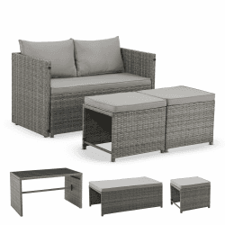 Juskys 2in1 Polyrattan Relax Gartenmöbel Set Jamaika - Tisch, Gartenlounge Sofa - Balkonmöbel Sitzgruppe für Balkon, Garten - Outdoor Lounge Grau