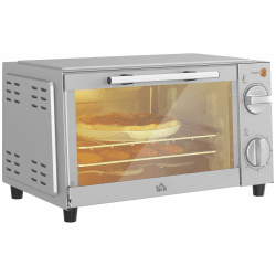HOMCOM Minibackofen 9L Mini Ofen mit Backblech, Grillrost, 100 °C-230 °C, mit einstellbar Temperatur und Garzeit, 60 Min. Timer, 750W, Edelstahl, Silber