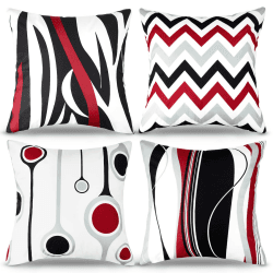 4er Set Kissenbezug 40x40 cm Dekorative Kissenhülle Modern Sofakissen Rote Schwarze Weiß Linien Abstrakt Kissen Samt Kissen Doppelseitiges Geometrisches Muster Zierkissen für Wohnzimmer, Schlafzimmer