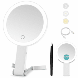 Kosmetikspiegel mit Beleuchtung,Reisespiegel mit Licht,Doppelseitiger Spiegel mit 20fach/1fach Vergrößerung,3 Farblichter,Dimmbarer Touchscreen Schminkspiegel,Faltbarer,Handheld/Hängend/Tischplatte