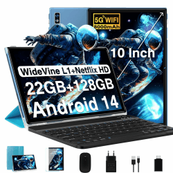 2025 Neueste Tablet 10 Zoll Android 14 Tablet, 22GB RAM+128GB ROM/1TB TF, Octa-Core, 2.0GHz,5G+2.4G WiFi, BT 5.0, 8000mAh, Widevine L1,8+5MP, AGPS, 2 in 1 Tablet PC Mit Tastatur und Maus - Blau
