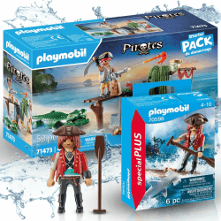 PLAYMOBIL 71473 Pirat mit Alligator 70598 Pirat mit Floß und Hammerhai – Erobere die Sieben Weltmeere!