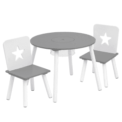 WOLTU Kindersitzgruppe 1 Kindertisch und 2 Kinderstühle, Kindertisch mit Stauraum, aus Kiefer Massiv Holz, Rund Tisch Möbel Set für Kinder, Grau+Weiß