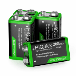 HiQuick 9V Akku, 9V Block Batterien, 280mAh NI-MH Wiederaufladbare Batterie, 1200 Ladezyklen, 4 Stück, für Rauchmelder Multimeter Alarmsystem Walkie Talkie
