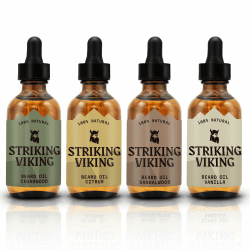 Striking Viking Bartöl 4er-Pack – Weichmachendes & pflegendes Pflegeöl für Männer – Zitrus, Vanille, Sandelholz & Zedernholz-Düfte – Angereichert mit Argan- & Jojobaöl – Duftendes Bartöl – Bart-Set