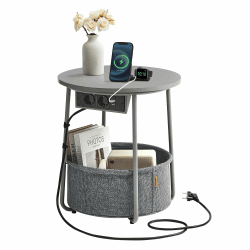 VASAGLE Beistelltisch rund, Kleiner Tisch, Couchtisch mit Steckdose, Wohnzimmertisch, Korb aus Stoff, Stauraum für Wohnzimmer Schlafzimmer, Nachttisch modern, Taubengrau-schiefergrau LET228G02
